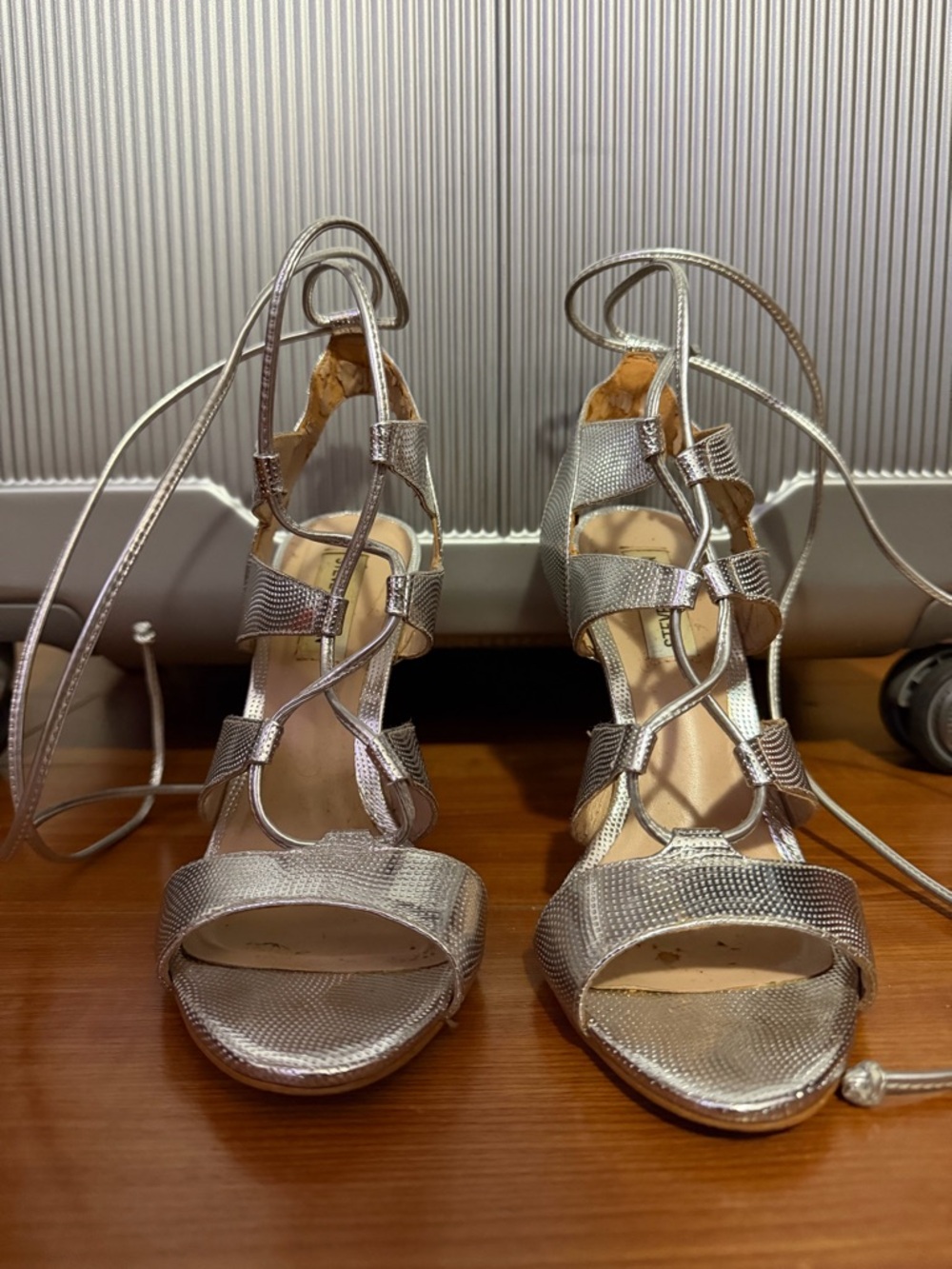 Steve Madden Metallic Silver Strappy Ankle Tie Heels